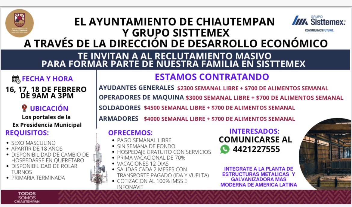 Invita Chiautempan a campaña de reclutamiento con Grupo Sisttemex este 16, 17 y 18 febrero